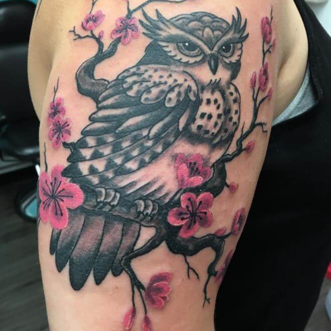 Owl And Cherry Blossom Tattoo