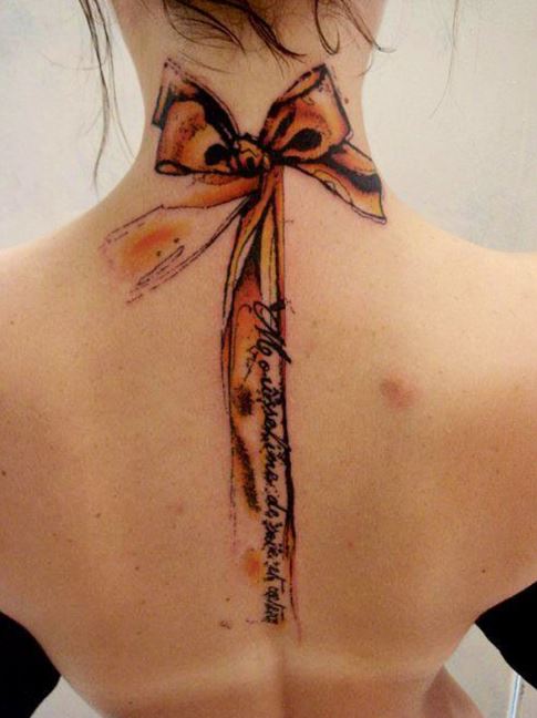 Ribbon Tattoo On Neck