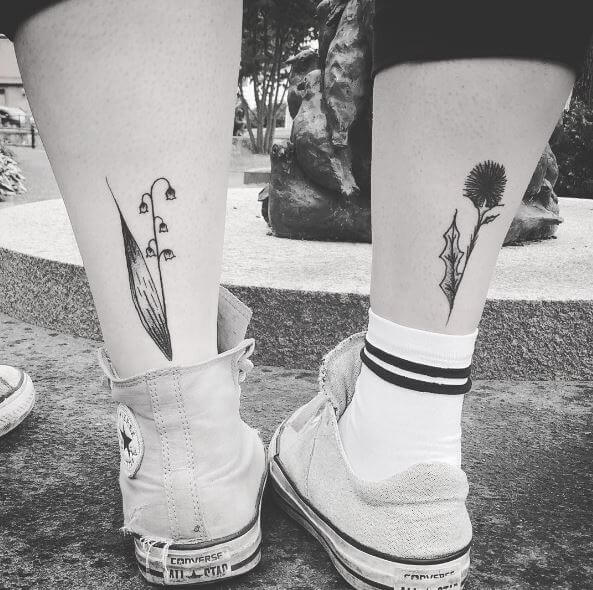 Sibling Flower Tattoos Design On Legs