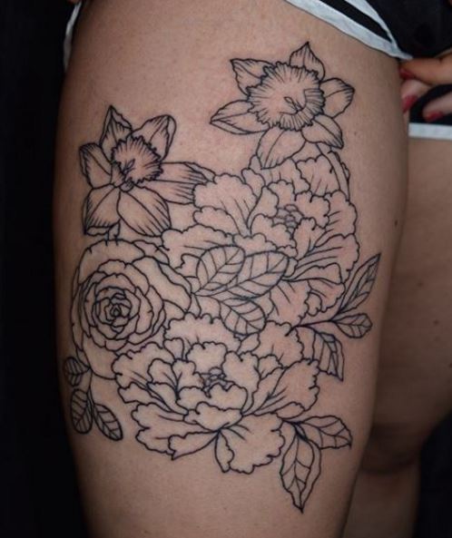 Simple Line Floral Tattoos Design On Thigh