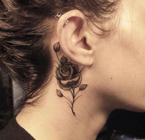 Small Black And White Rose Tattoo On Neck