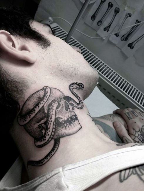Snake And Skull Back Neck Tattoos