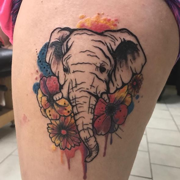 Watercolor Cute Elephant Tattoos Design
