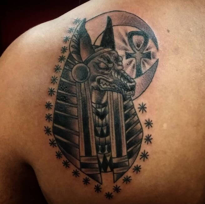 Anubis Tattoo On Upper Back Shoulder