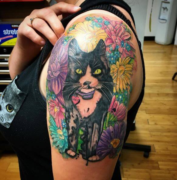 Cat With Watercolor Flower Tattoos