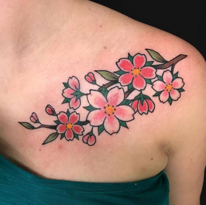 Cherry Blossom Tattoos On Shoulder For Girls