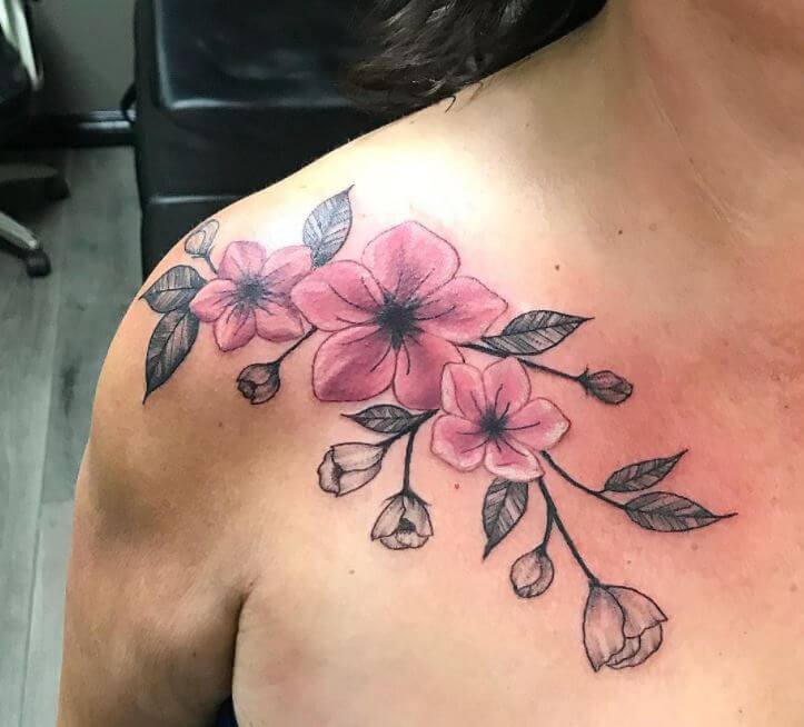 Cherry Blossom Vine Tattoos On Shoulder