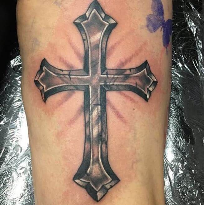 christian cross tattoo with banner