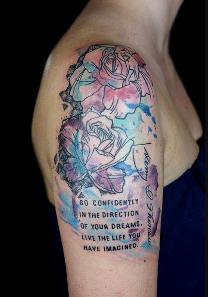 Flower With Quote Quarter Sleeve Tattoos