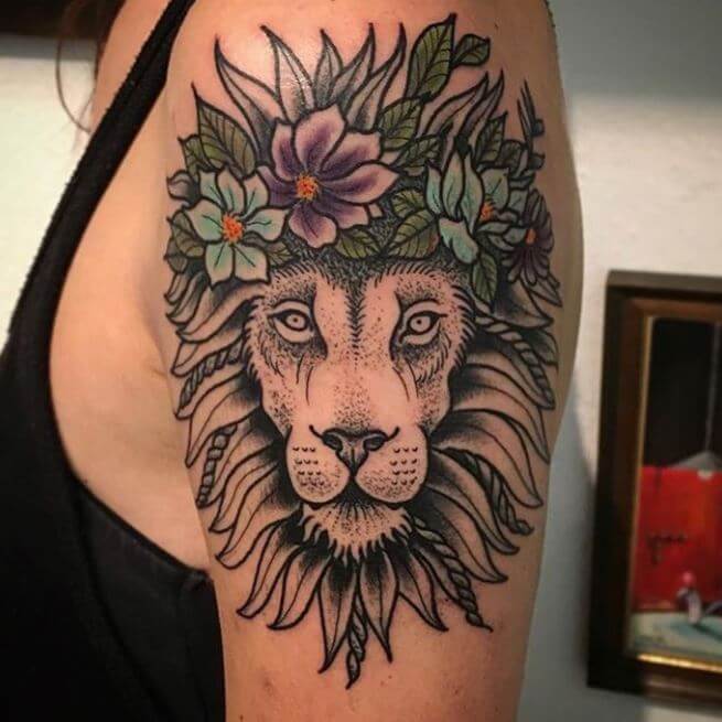 Lion And Flower Tattoo