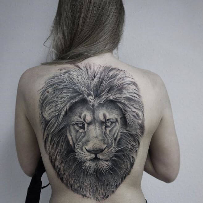 Realistic Lion Mens Full Back Tattoo