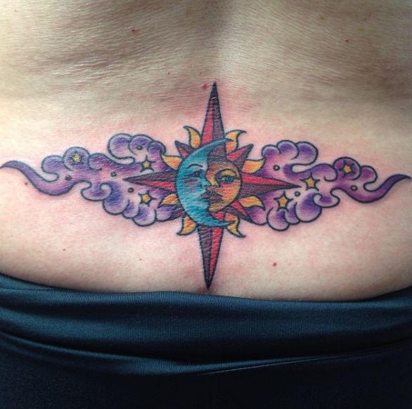 Moon And Sun Lower Back Tattoos