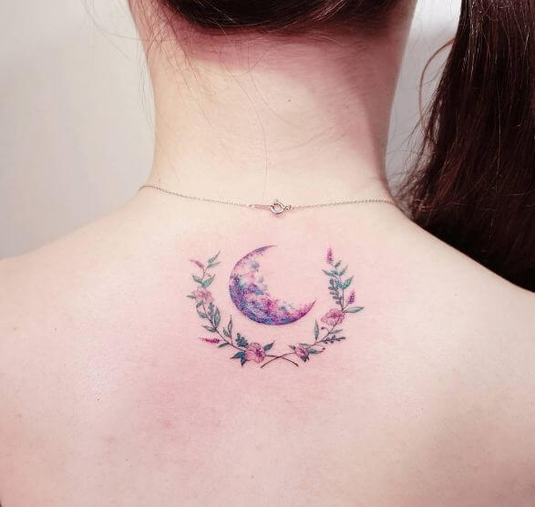 Moon With Watercolor Flower Tattoos
