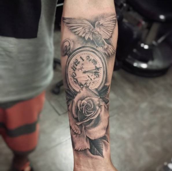Rose And Clock Tattoos