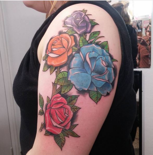 traditional rose sleeve tattoo