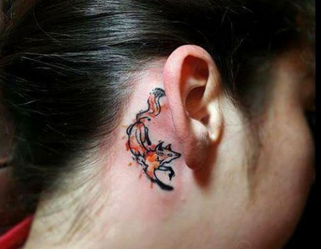 Sketch Style Fox Tattoos On Behind Ear