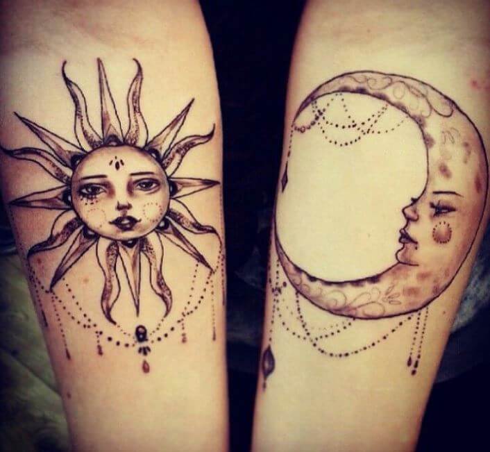 Sun And Half Moon Tattoos