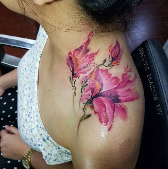 Watercolor Flower Tattoos On Shoulder