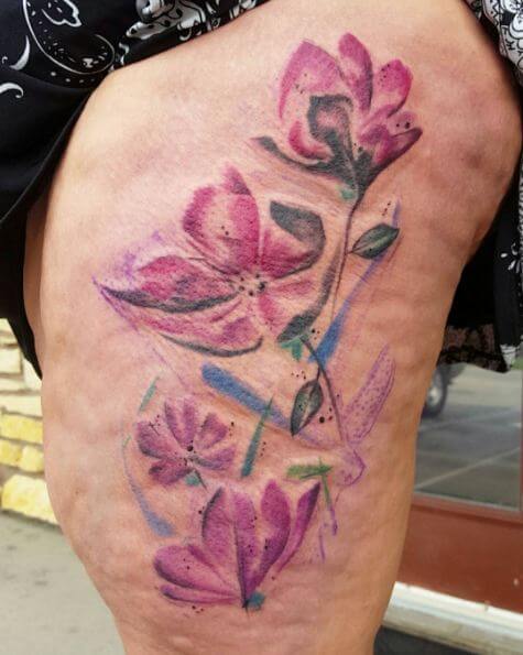 Watercolor Flower Tattoos On Thigh