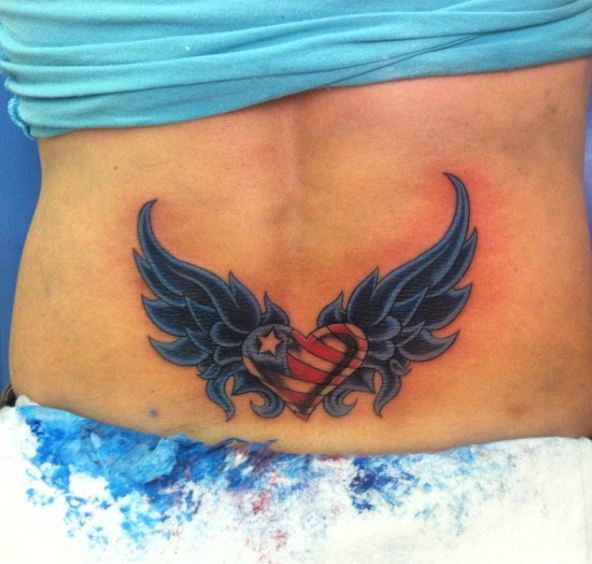 Wing And Heart Lower Back Tattoos
