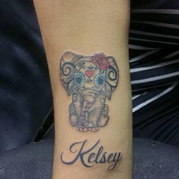 Beautiful Name Tattoo With Elephant