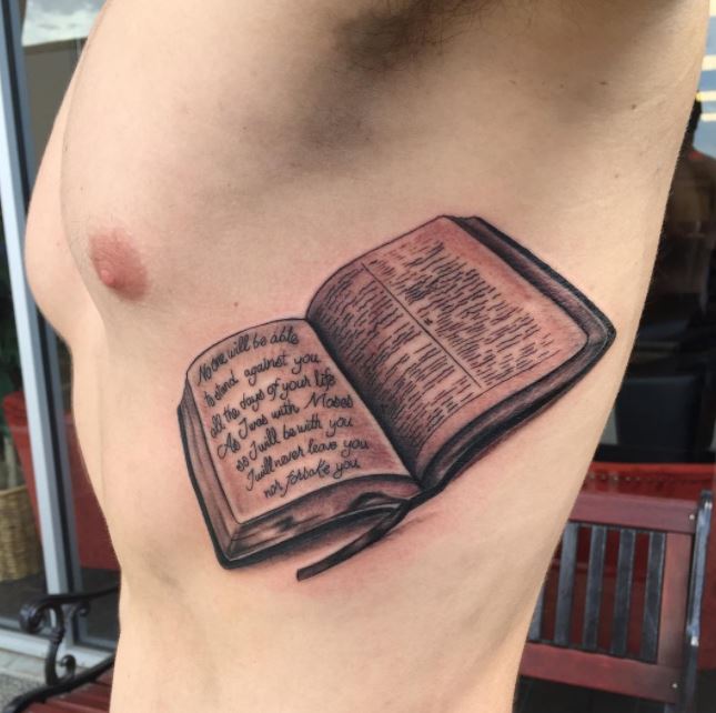 Bible Book Tattoo Design On Ribs