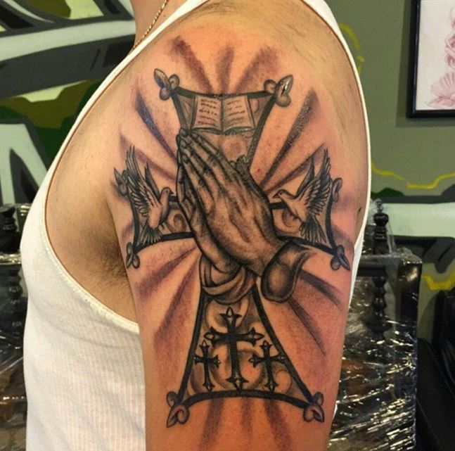 Bible Cross And Hand Prayer Tattoo Design On Bicep