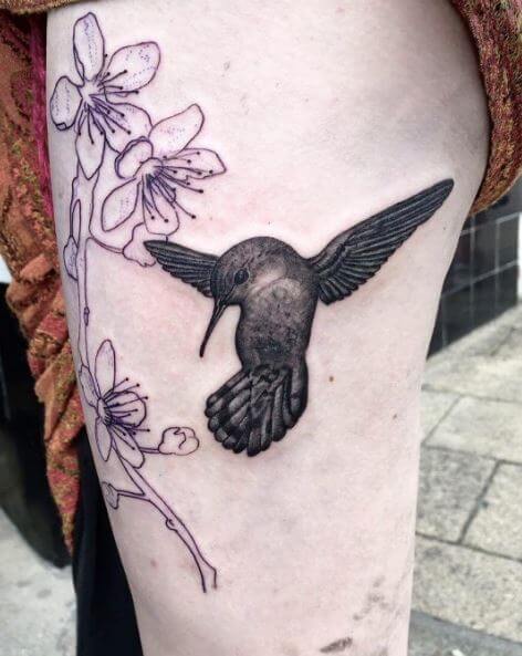 Black Hummingbird Tattoos On Thigh