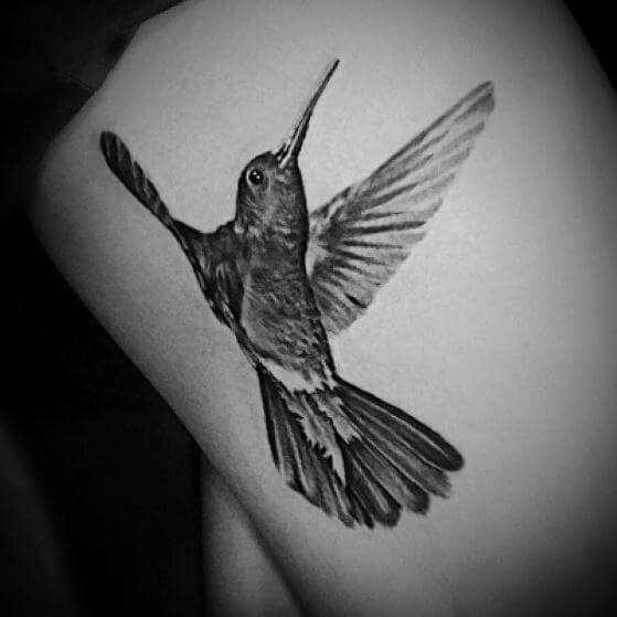 Black And White Hummingbird Tattoos Design On Thigh