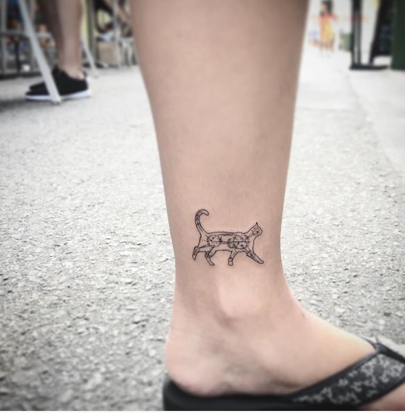 Cat Crossing Tattoos Design On Ankle