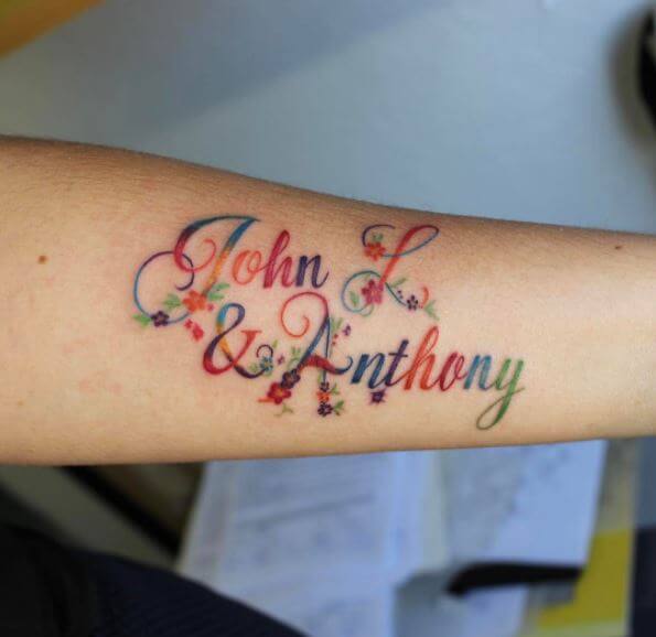 Colorful Name Tattoo Design On Forearm