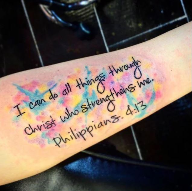 Colored Write Bible Quote Tattoo Design On Hand