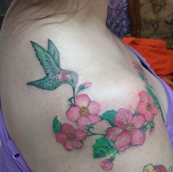 Colorful Hummingbird Tattoos On Shoulder