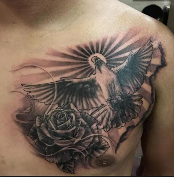 Dove And Rose Tattoos On Chest