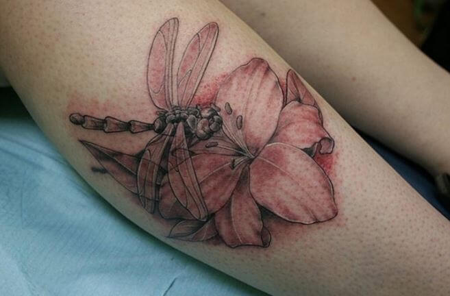 Dragonfly And Flower Tattoos Design On Legs