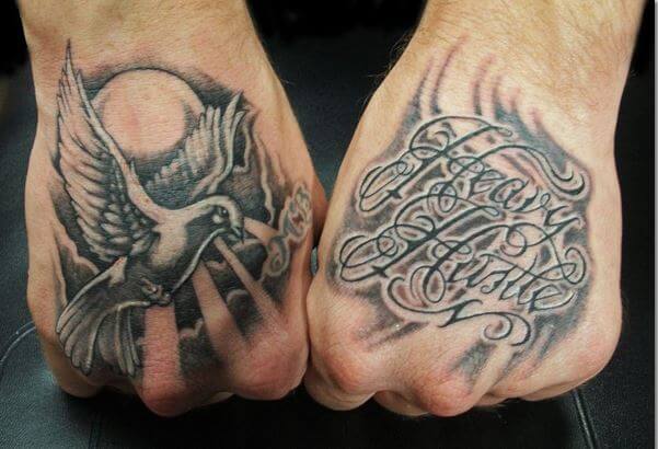 Hand Tattoos Dove And Script