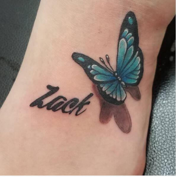 Luck Name With Butterfly Tattoo Design On Foot