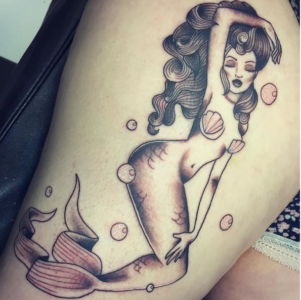 Mermaid Nautical Tattoos Design On Thigh