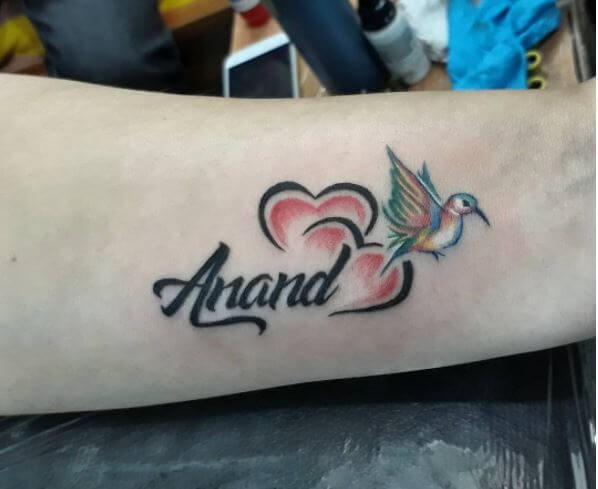 Name And Humming Birds Tattoo Design With Heart