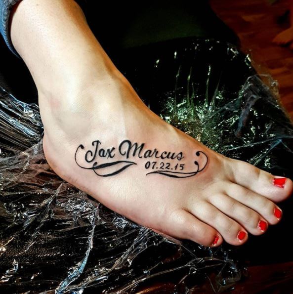 New Born Child Name And Date Tattoo Design On Foot