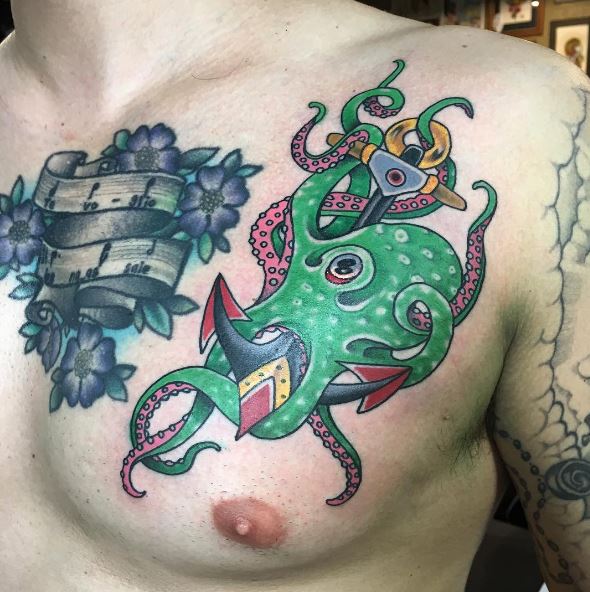 Octopus And Anchor Nautical Tattoos Design On Chest