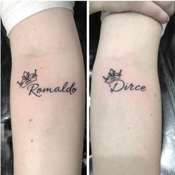 Ronaldo And Dirce Name Tattoo On Forearm