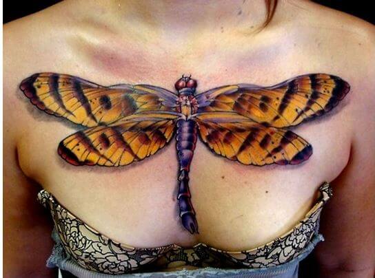 Yellow Color Dragonfly Tattoos On Breast