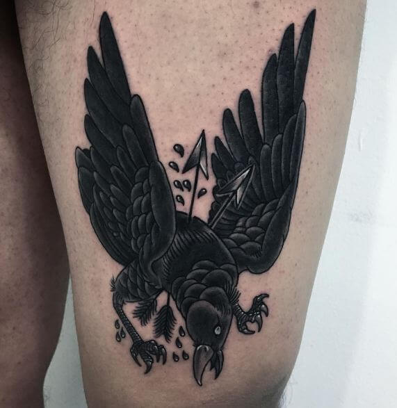 Black Crow Tattoos On Thigh