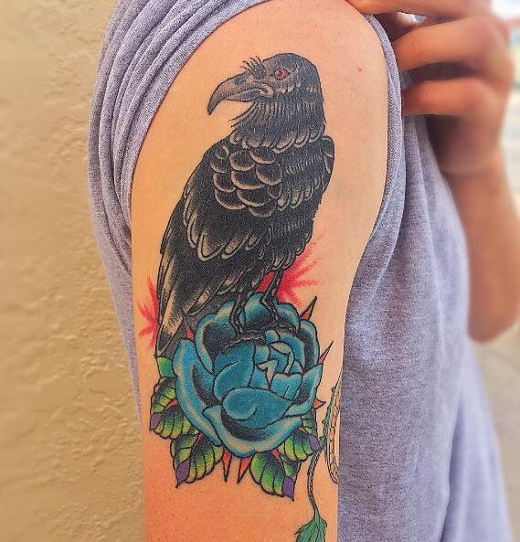 Blue Flower With Crow Tattoos