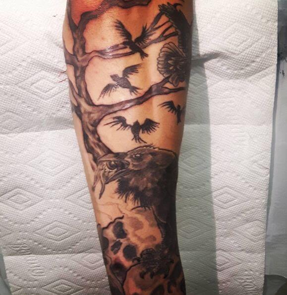 Crow Tattoos On Full Sleeve