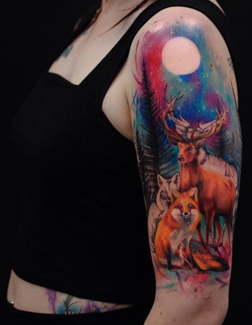 Deer And Fox Half Sleeve Tattoos