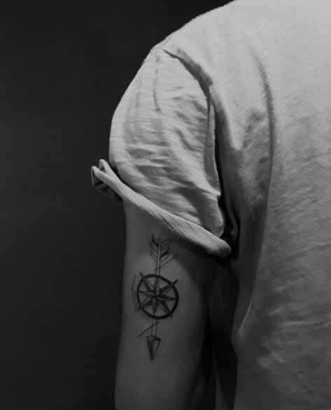 Arrow With Compass Tattoo On Biceps