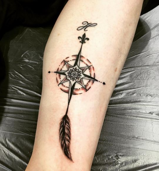 Feather With Compass Tattoos