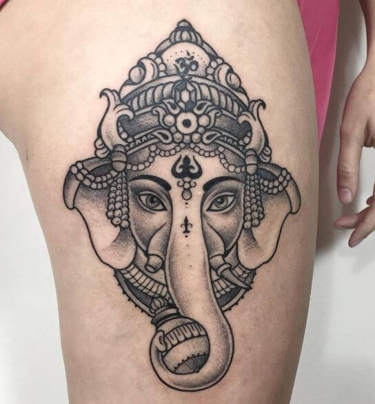 Ganesha Tattoos On Thigh For Girls